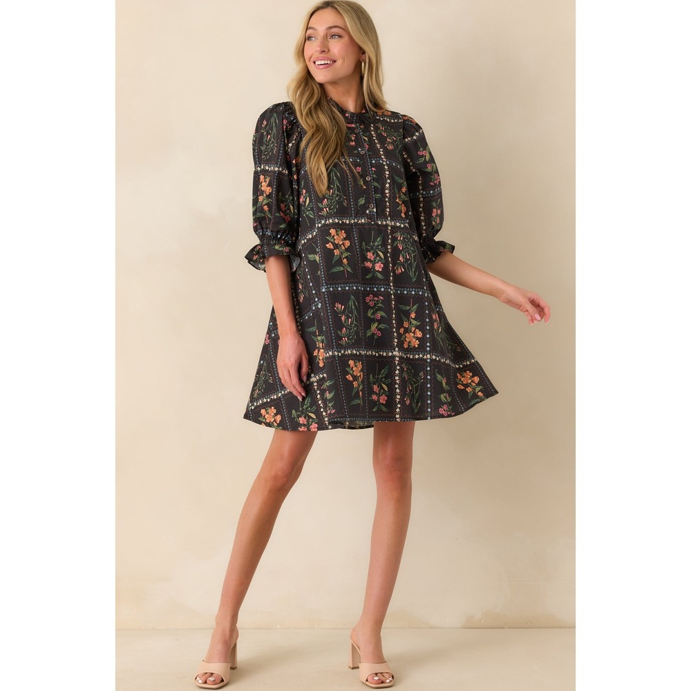 Entro Mini Dress Womens Medium Black Multi Floral Excellent Cotton Puff Sleeve